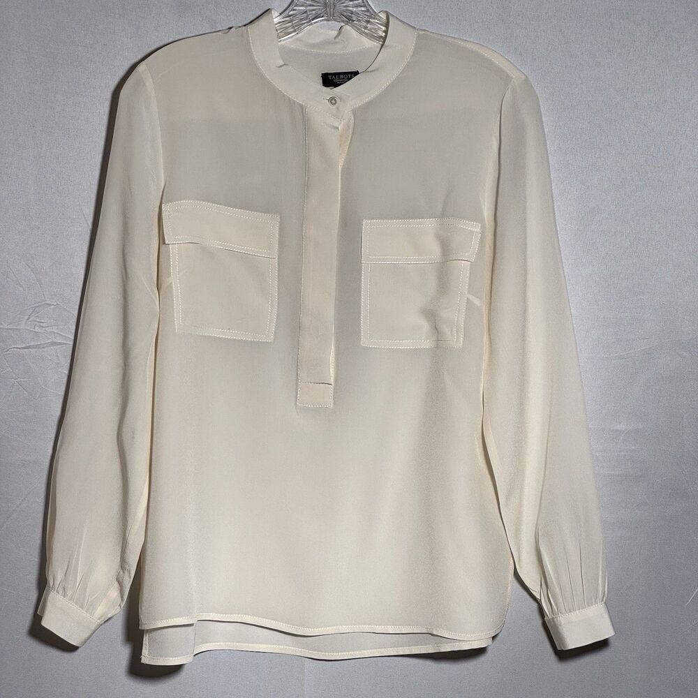 Talbots Petites Womens SP Ivory Blouse Long Sleeve Utility Pockets Career Top